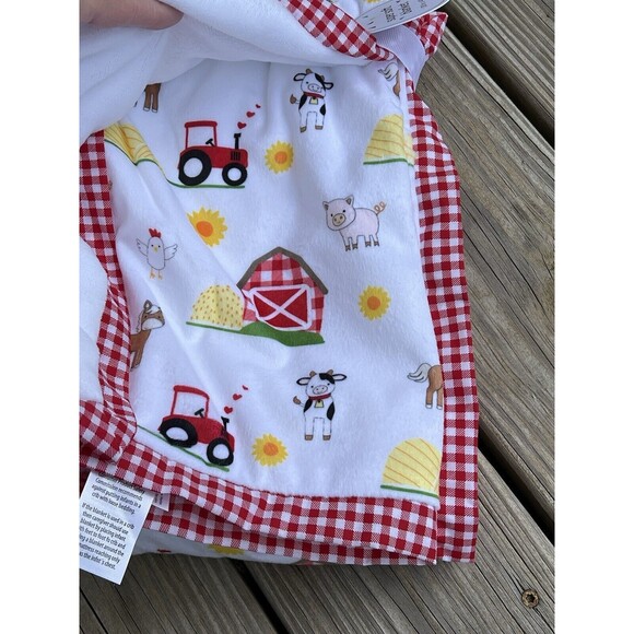 Baby Starters Farm Animals Plush Baby Blanket Cow Barn Tractor Red Plaid Trim - Picture 4 of 8